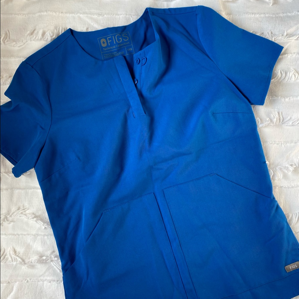 Figs Royal Blue Notched Scrub Top XXS